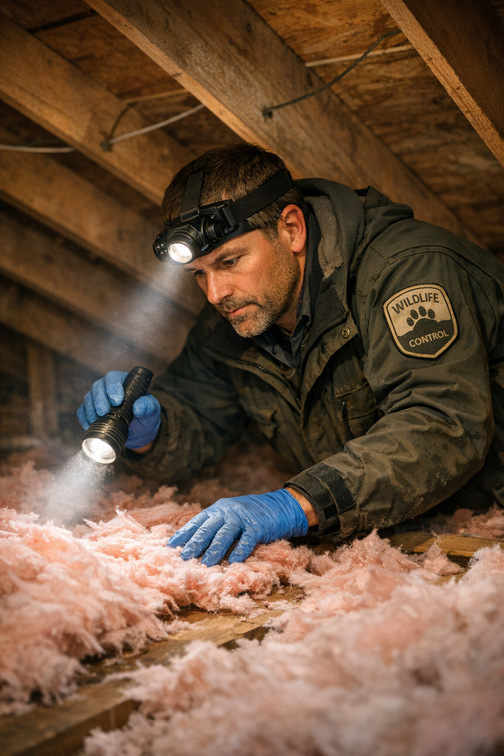 Wildlife technician inspecting attic insulation for raccoon activity with a headlamp