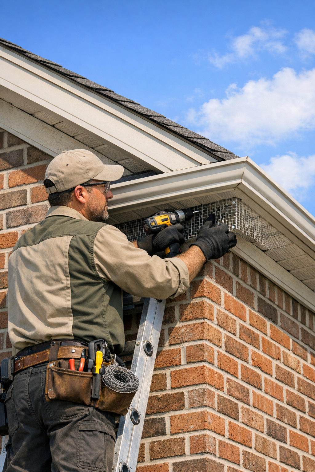 Technician on a ladder installing steel mesh over a soffit vent to keep raccoons out