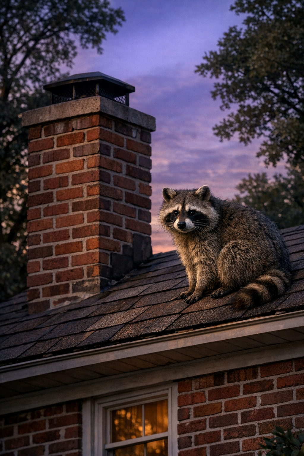 Raccoon on the roof of a brick Louisville home near the chimney at dusk