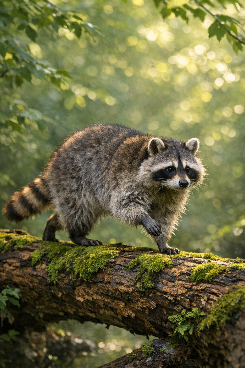 Healthy raccoon walking through a green Kentucky woodland