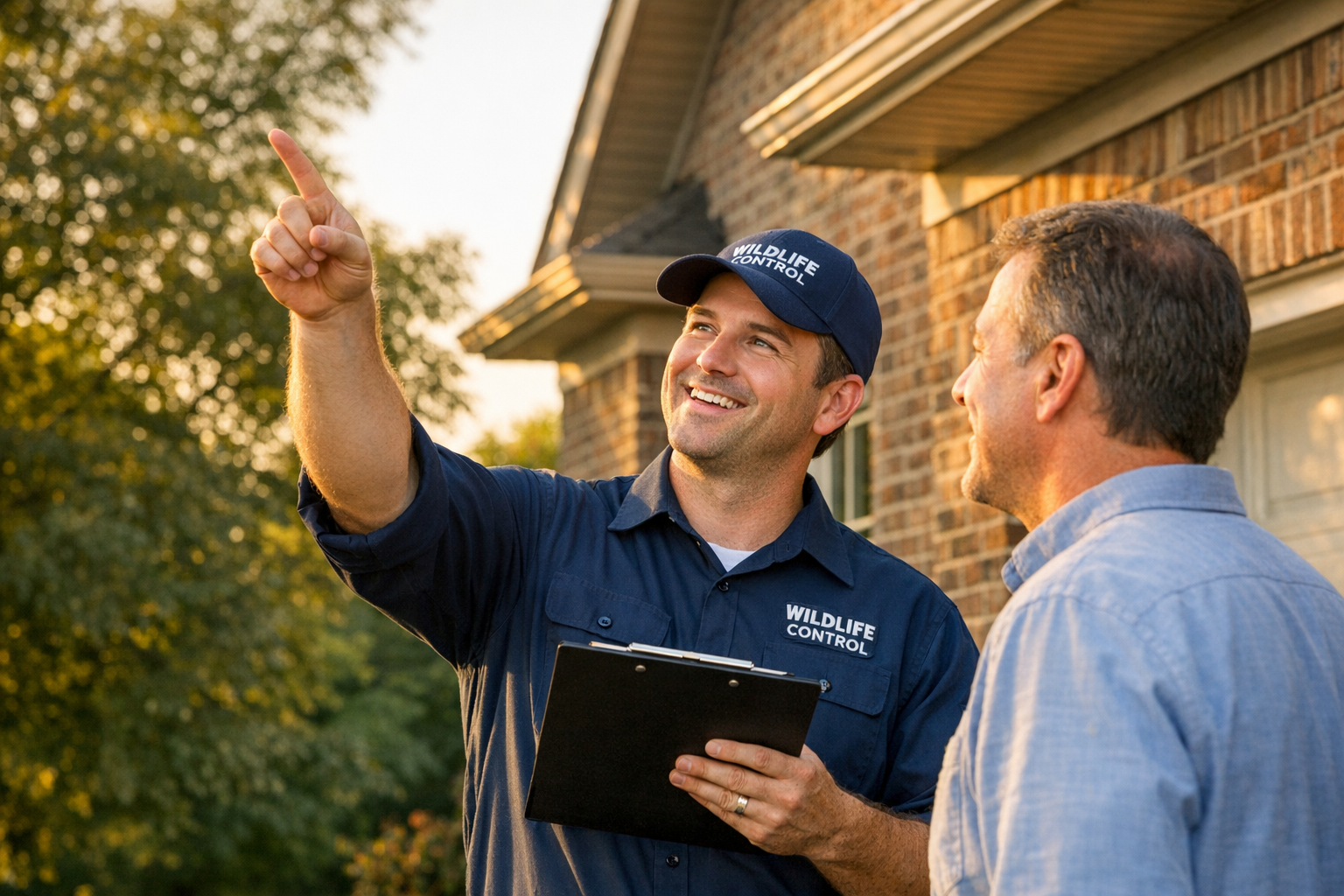 Licensed wildlife control technician reviewing a roofline with a Louisville homeowner